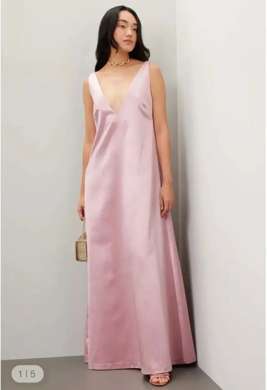 Staud Teagan V-Neck Satin Maxi Dress Gown in Pink SIZE S